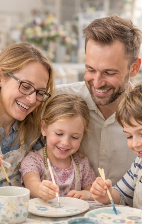 Familie gestaltet gemeinsam Keramik