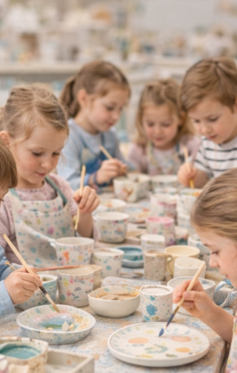 Kinder bemalen gemeinsam Keramik in einer Gruppe